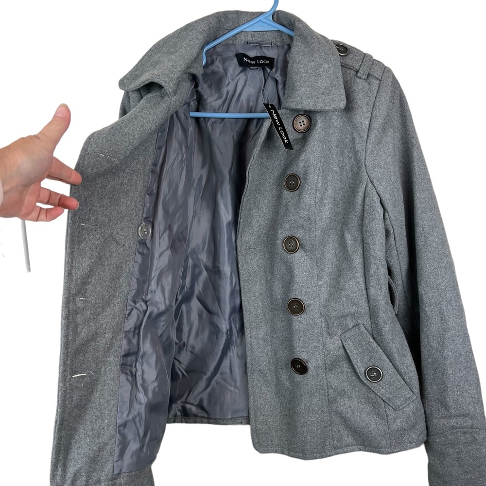 NWT New Look Girls Wool Blend Pea Coat Size L Gray Buttons Pockets - Picture 12 of 16